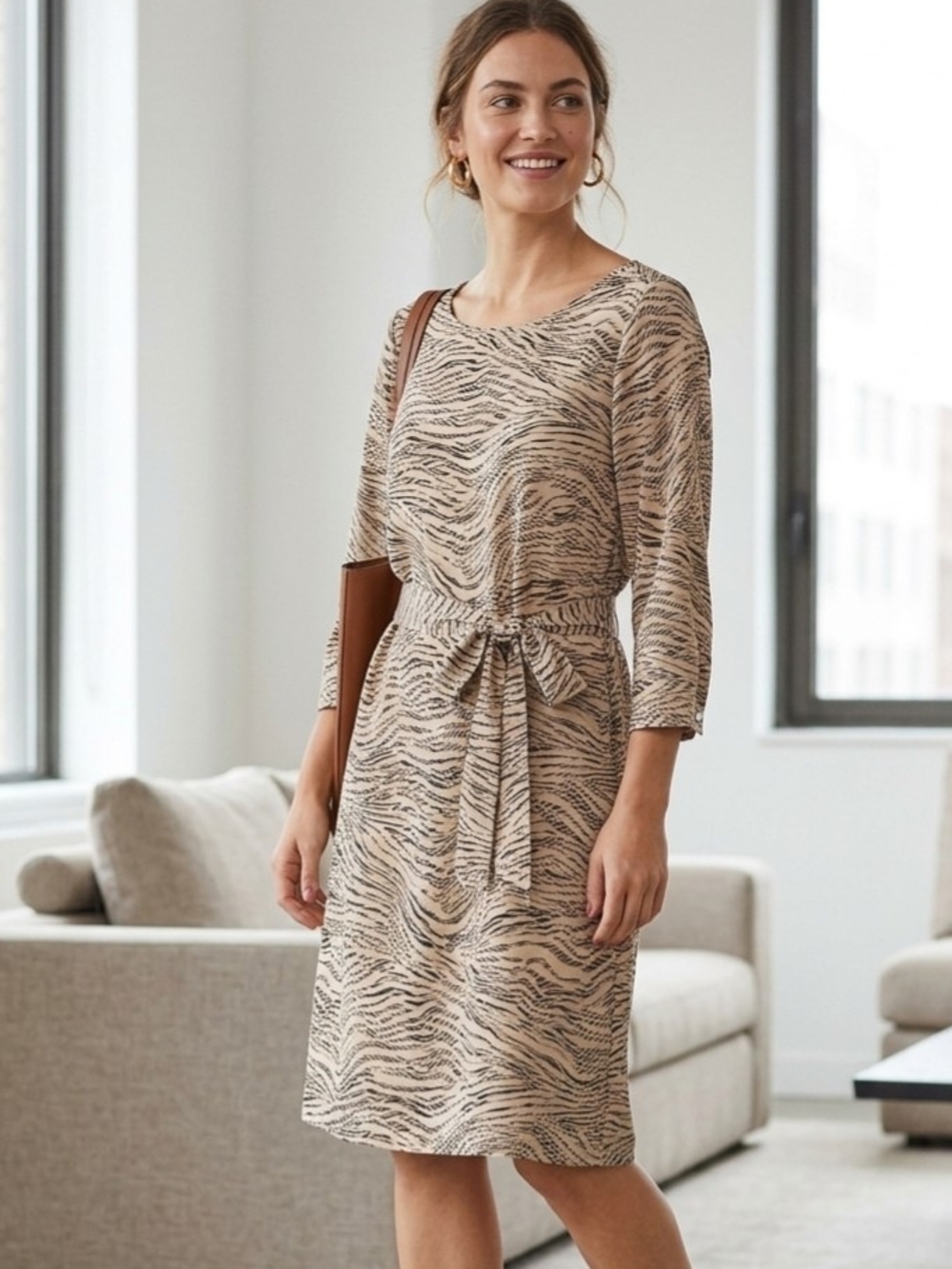 H&M Abstract Zebra Print Belted Sheath Dress 3/4 Sleeve Tan Black Womens Small